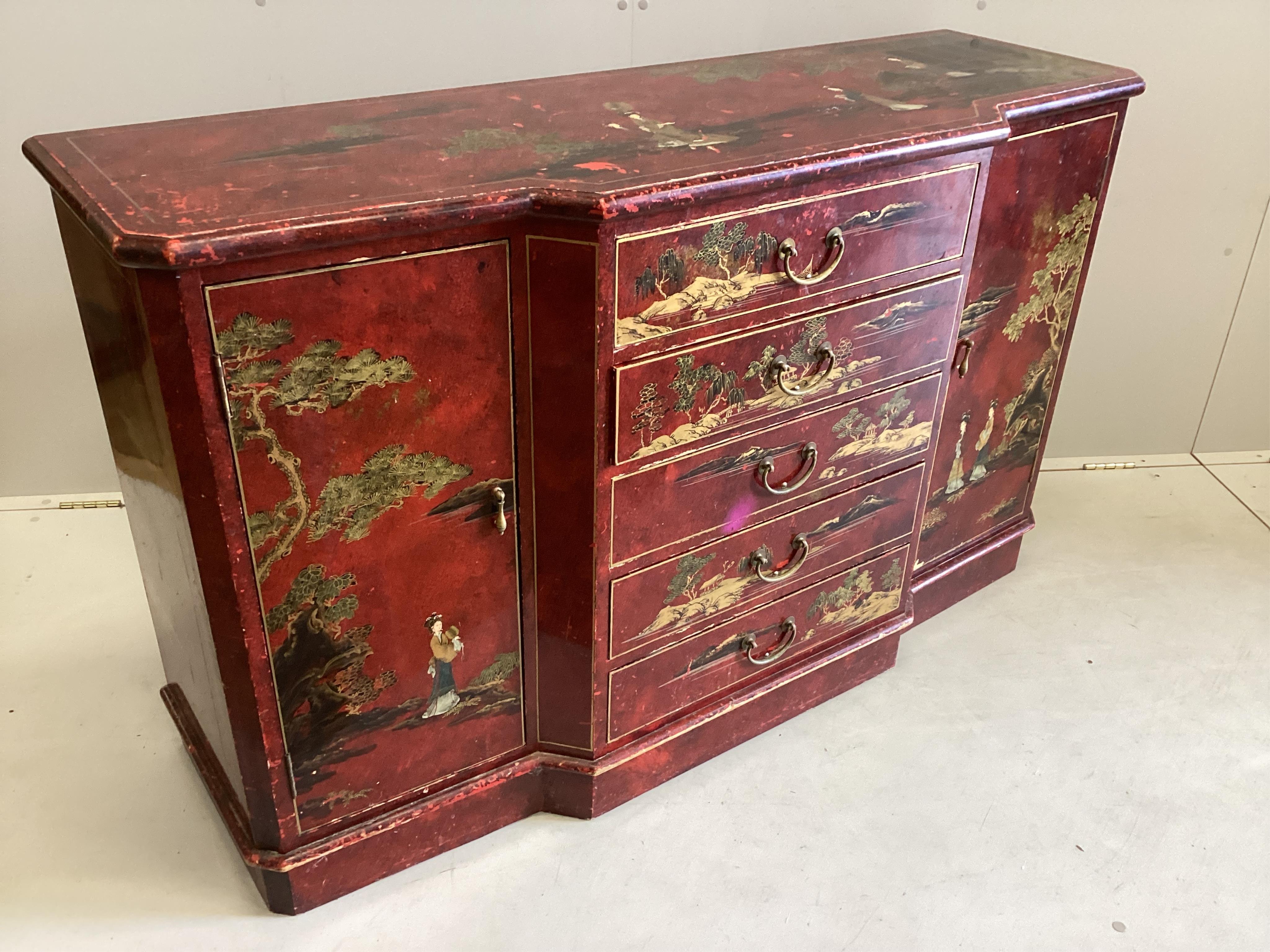 A chinoiserie lacquer breakfront side cabinet, width 142cm, depth 48cm, height 86cm. Condition - poor-fair